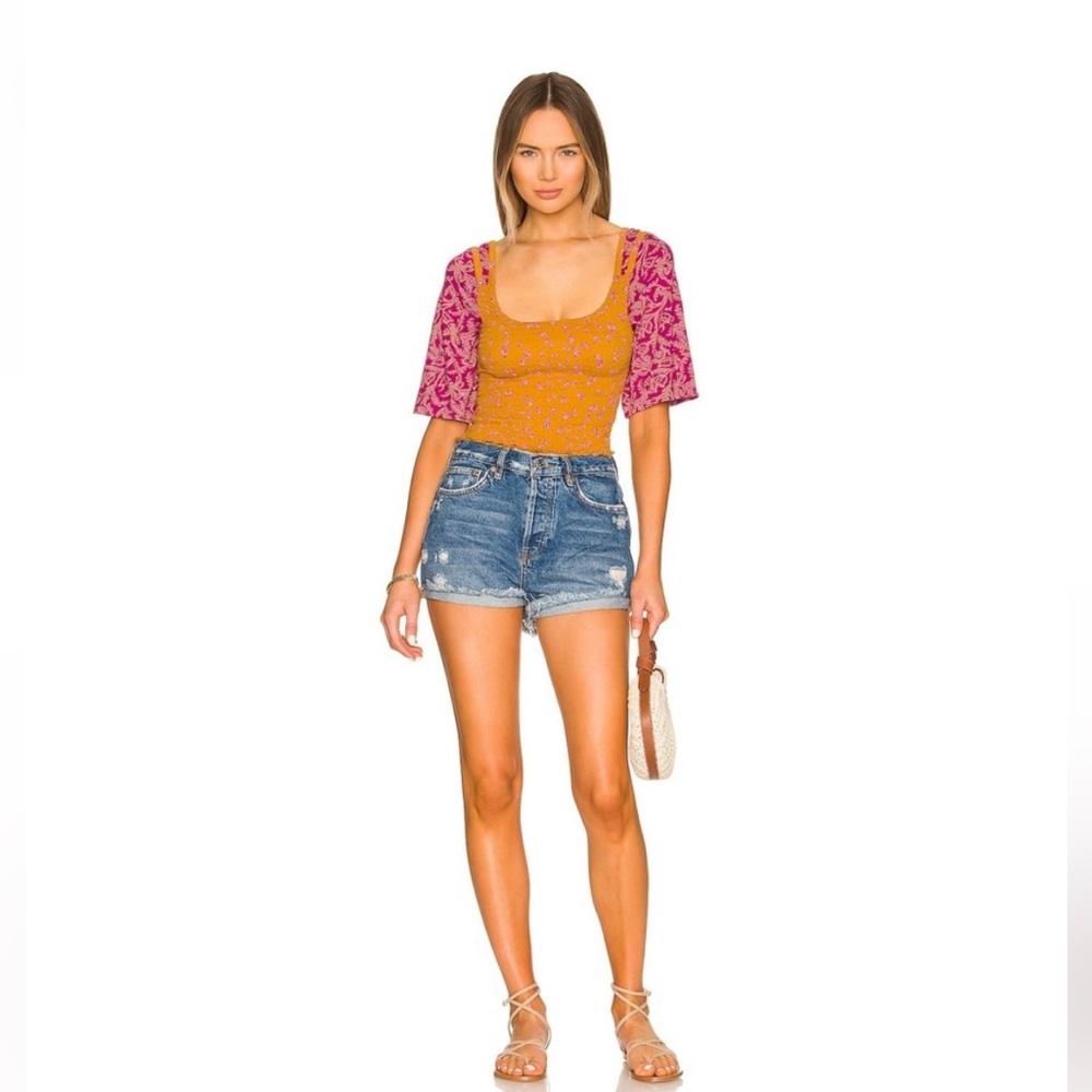 NWT FREE PEOPLE MARIGOLD SMOCKED COLORBLOCK TOP